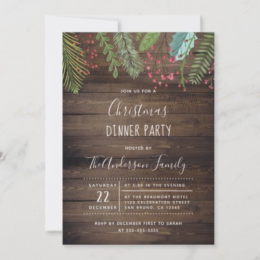 Rustic Wood Holly & Pine Holiday Party Invitation Kaart (Voorkant)