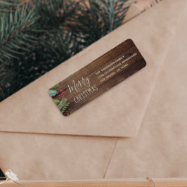 Rustic Wood Holly & Pine Kerstfeestdag Etiket