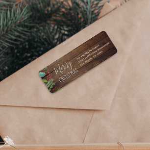 Rustic Wood Holly & Pine Kerstfeestdag Etiket