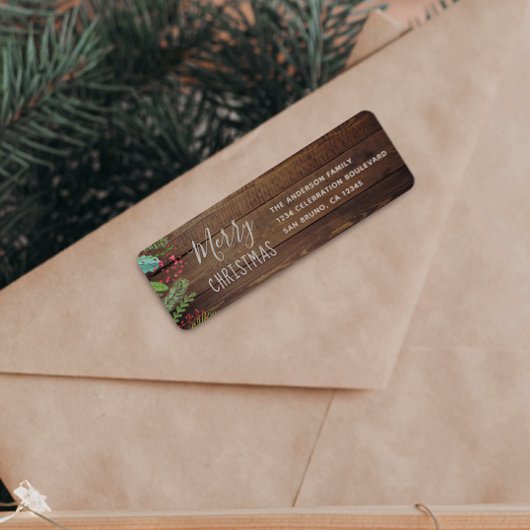 Rustic Wood Holly & Pine Kerstfeestdag Etiket