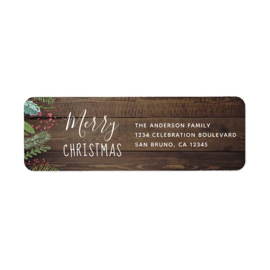 Rustic Wood Holly & Pine Kerstfeestdag Etiket (Voorkant)