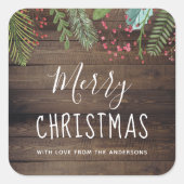 Rustic Wood Holly & Pine Kerstfeestdag Vierkante Sticker (Voorkant)
