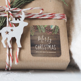 Rustic Wood Holly & Pine Kerstfeestdag Vierkante Sticker