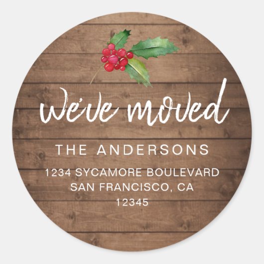 Rustic Wood Holly We’ve Moved Holiday Ronde Sticker (Voorkant)
