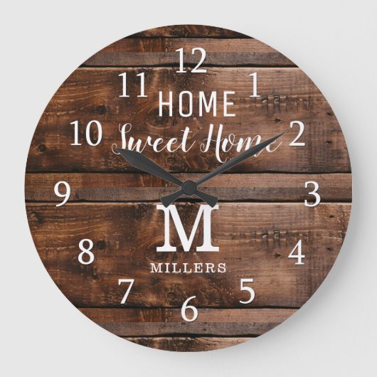 Rustic Wood Home Sweet Home Monogram Grote Klok (Voorkant)
