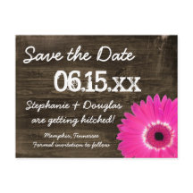 Rustic Wood Hot Pink Daisy Save the Date Briefkaar