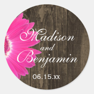 Rustic Wood Hot Pink Daisy Wedding Favor Stickers
