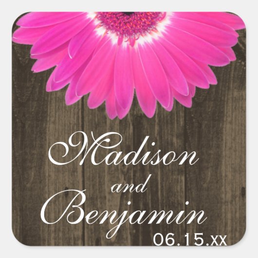 Rustic Wood Hot Pink Daisy Wedding Favor Stickers (Voorkant)