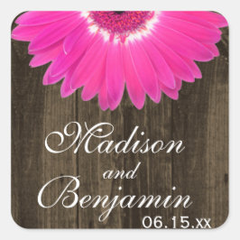 Rustic Wood Hot Pink Daisy Wedding Favor Stickers