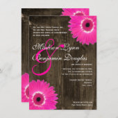 Rustic Wood Hot Pink Daisy Wedding Invitations Kaart (Voorkant / Achterkant)
