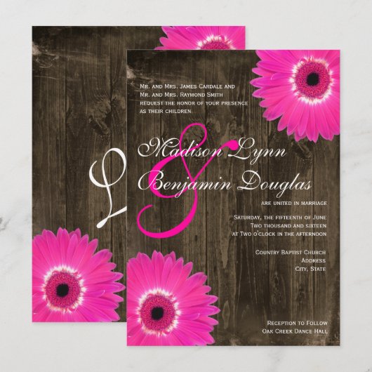 Rustic Wood Hot Pink Daisy Wedding Invitations Kaart (Voorkant / Achterkant)