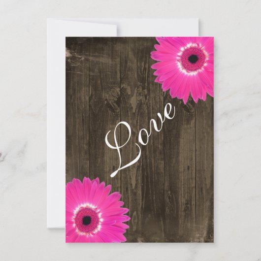 Rustic Wood Hot Pink Daisy Wedding Invitations Kaart (Achterkant)