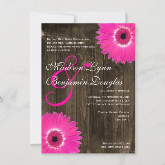 Rustic Wood Hot Pink Daisy Wedding Invitations Kaart (Voorkant)