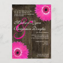 Rustic Wood Hot Pink Daisy Wedding Invitations