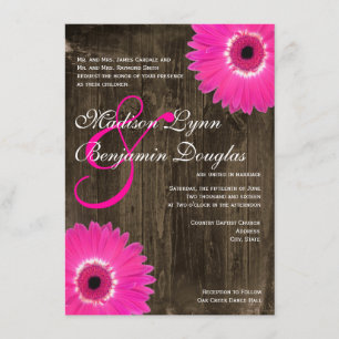 Rustic Wood Hot Pink Daisy Wedding Invitations Kaart