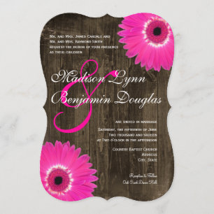 Rustic Wood Hot Pink Daisy Wedding Invitations Kaart