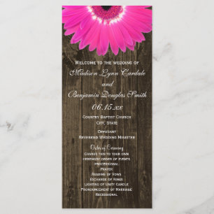 Rustic Wood Hot Pink Gerber Daisy Wedding Programs Programmakaart