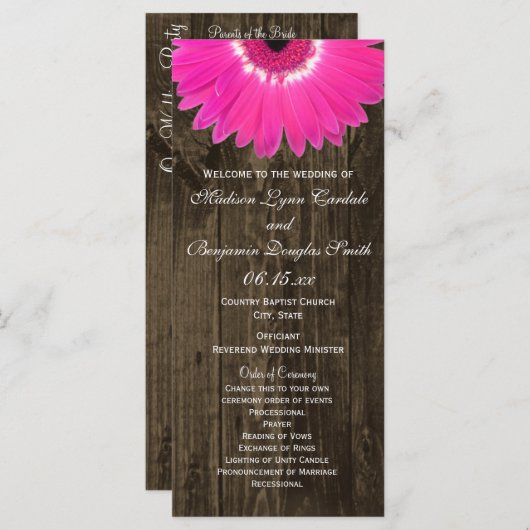 Rustic Wood Hot Pink Gerber Daisy Wedding Programs Programmakaart (Voorkant / Achterkant)