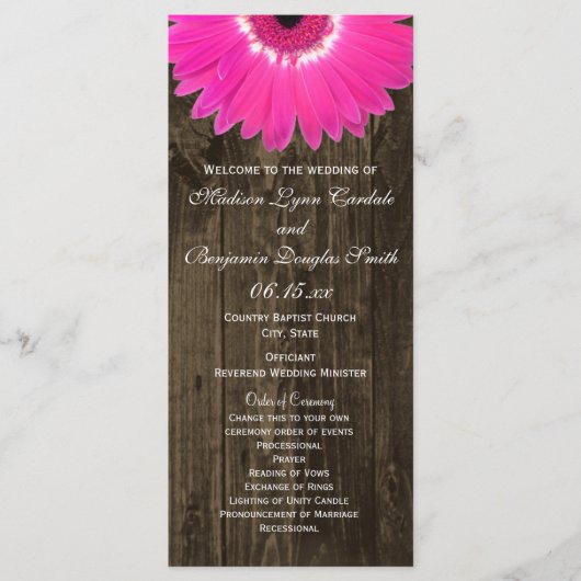 Rustic Wood Hot Pink Gerber Daisy Wedding Programs Programmakaart (Voorkant)