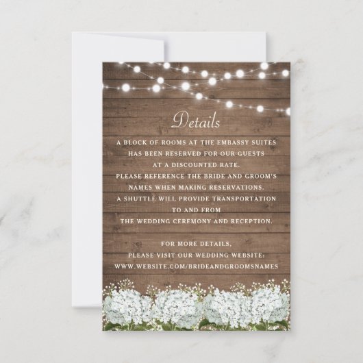 Rustic Wood Hydrangea Baby's Breath Wedding Detail Kaart (Voorkant)