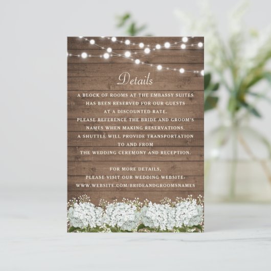 Rustic Wood Hydrangea Baby's Breath Wedding Detail Kaart (Staand voorkant)
