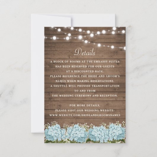 Rustic Wood Hydrangea Baby's Breath Wedding Detail Kaart (Voorkant)