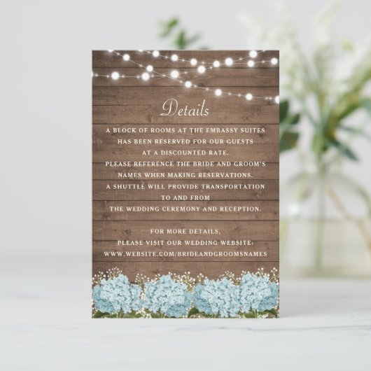 Rustic Wood Hydrangea Baby's Breath Wedding Detail Kaart (Staand voorkant)