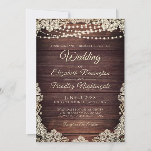 Rustic Wood Ivory Lace String Lights Wedding Kaart (Voorkant)
