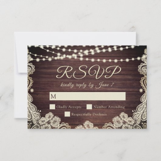 Rustic Wood Ivory Lace String Lights Wedding RSVP Kaartje (Voorkant)
