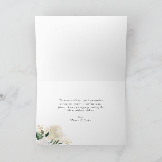 Rustic Wood Ivory Peonies and Gold Glitter Wedding Bedankkaart (Binnen)