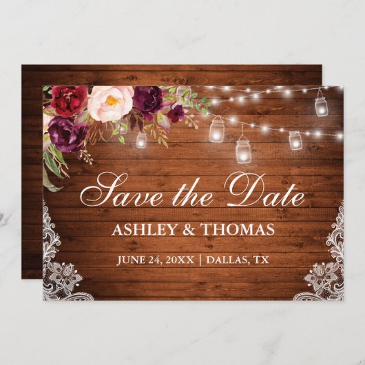 Rustic Wood Jar Licht Floral Lace Save the Date (Voorkant / Achterkant)