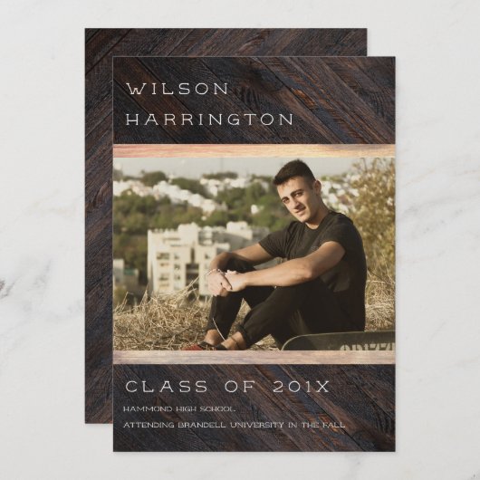 Rustic Wood-jongens Aankondiging Afstuderen (Voorkant / Achterkant)
