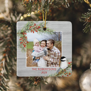 Rustic Wood Kerstfamilie Foto Chickadee Keramisch Ornament