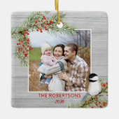 Rustic Wood Kerstfamilie Foto Chickadee Keramisch Ornament (Voorkant)