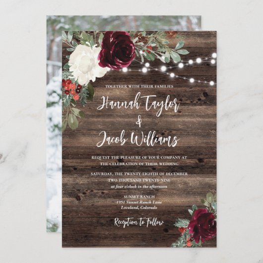 Rustic Wood kerstfoto String Lights Kaart (Voorkant / Achterkant)