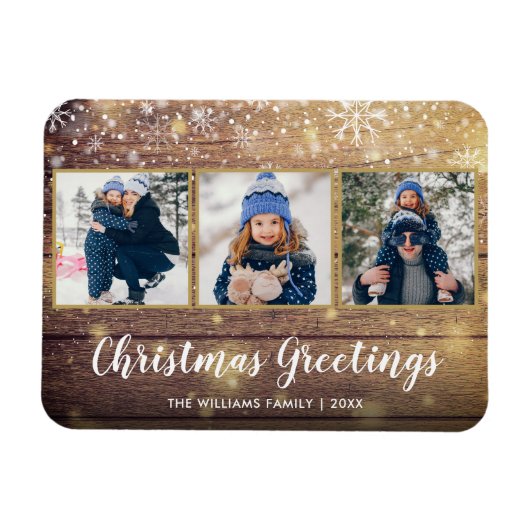 Rustic Wood kerstgereetings 3 Foto Holiday Magneet (Horizontaal)