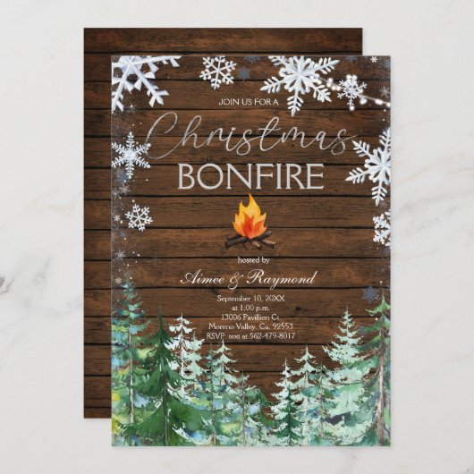 Rustic Wood Kerstmis Bonfire Uitnodiging (Voorkant / Achterkant)