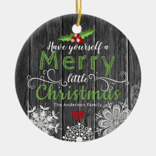 Rustic Wood | Kerstmistletoe en snowflakes Keramisch Ornament (Voorkant)