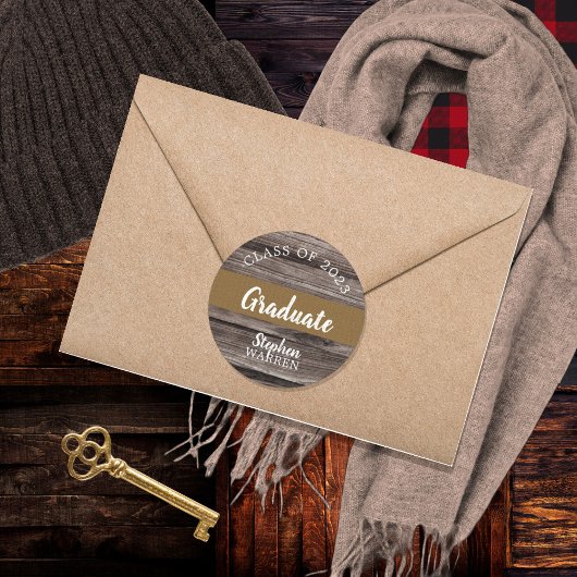 Rustic Wood Kijk Afstuderen Klasse 2023 | Naam Ronde Sticker