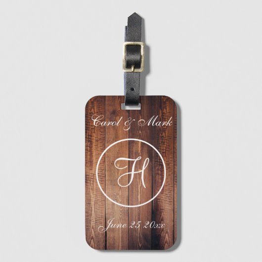 Rustic Wood Kijk Wedding Monogram Bagagelabel (Voorkant (verticaal))