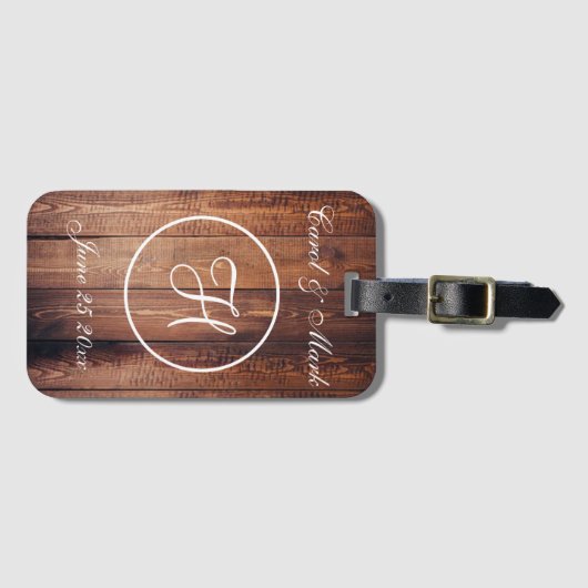 Rustic Wood Kijk Wedding Monogram Bagagelabel (Voorkant (horizontaal))
