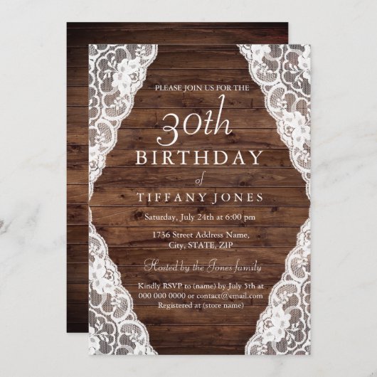 Rustic Wood Lace 30th verjaardag Uitnodiging (Voorkant / Achterkant)