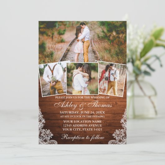 Rustic Wood Lace 4 Foto Weddenschap Kaart (Staand voorkant)