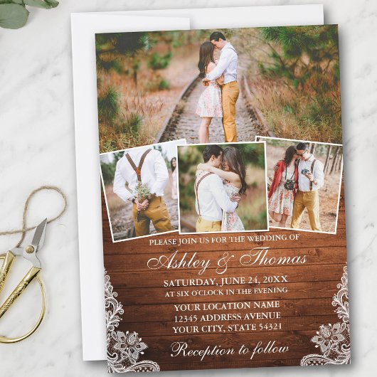 Rustic Wood Lace 4 Foto Weddenschap Kaart
