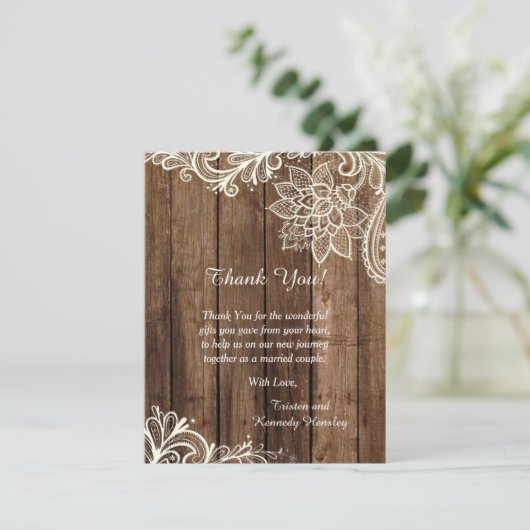 Rustic Wood Lace 4x5 Flat Wedding Hartelijk dank Bedankkaart (Staand voorkant)