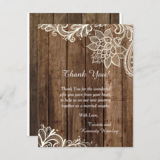 Rustic Wood Lace 4x5 Flat Wedding Hartelijk dank Bedankkaart (Voorkant / Achterkant)