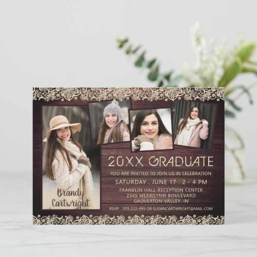Rustic Wood Lace 5 Photo Collage Afstuderen Kaart (Staand voorkant)