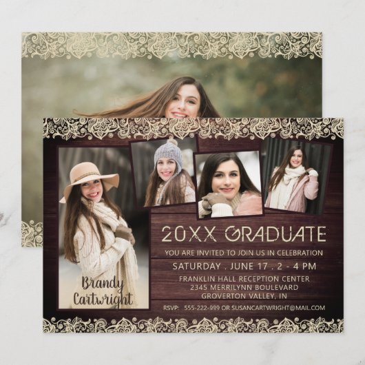 Rustic Wood Lace 5 Photo Collage Afstuderen Kaart (Voorkant / Achterkant)