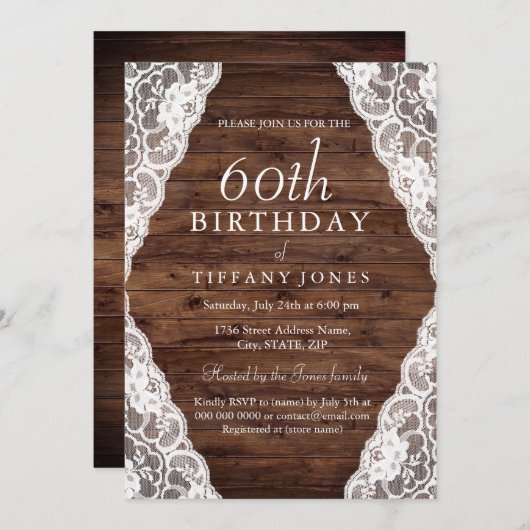 Rustic Wood Lace 60th verjaardag Uitnodiging (Voorkant / Achterkant)