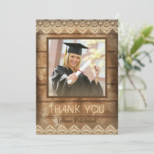 Rustic Wood Lace Afstuderen Foto Dank u Bedankkaart (Staand voorkant)